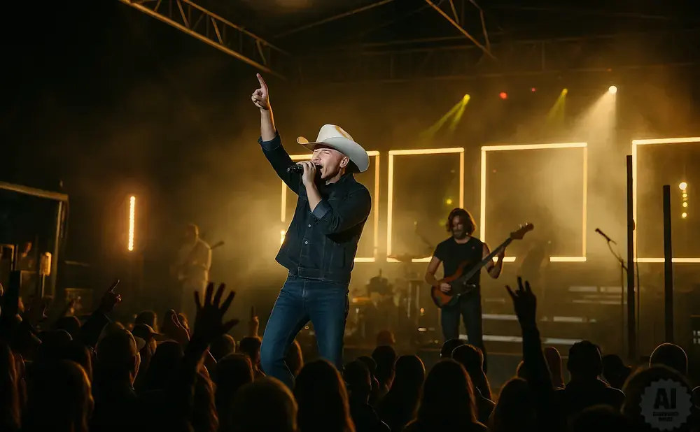 A country singer in a cowboy hat performs on stage with his band while a crowd cheers.