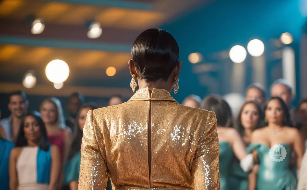 A person in a sparkly gold jacket with large earrings faces away from the camera, in front of a blurred crowd.