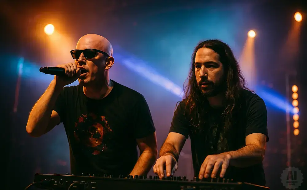 A bald singer in sunglasses with a microphone and a long-haired keyboardist on stage with stage lighting.