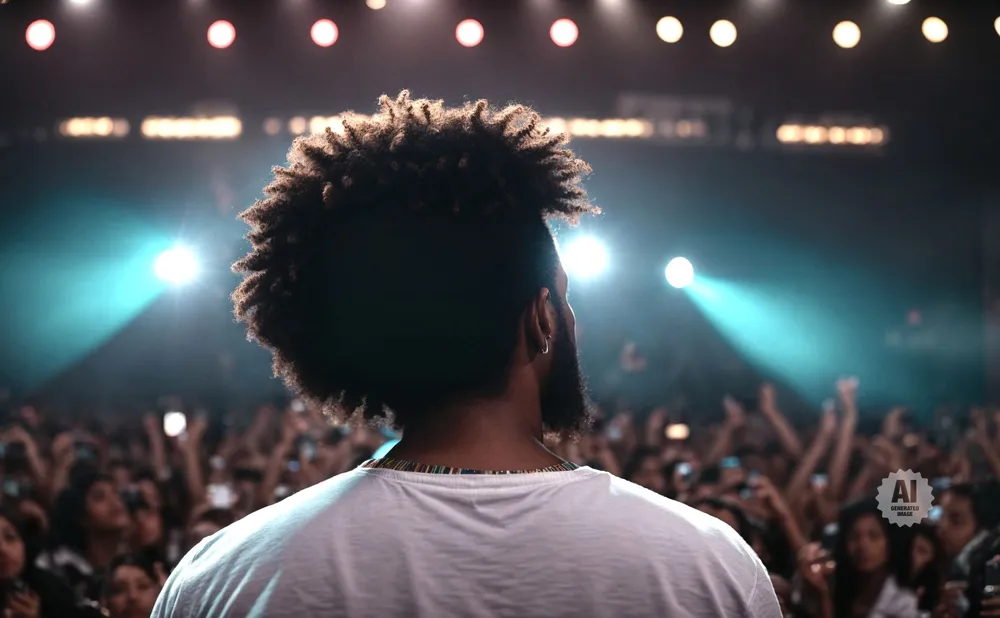 A person with an afro stands on a stage, facing a crowd.