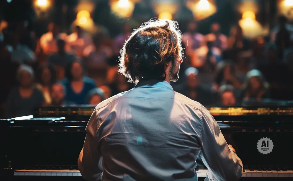 A pianist plays in front of a blurred audience, backlit by warm stage lights.