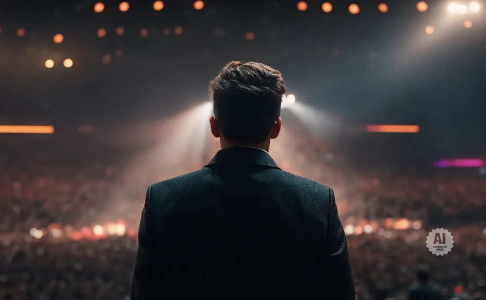 Back view of a man in a suit on a stage, facing a crowd with spotlights.