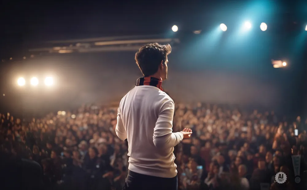 A man on stage addresses a large audience in a dimly lit venue.