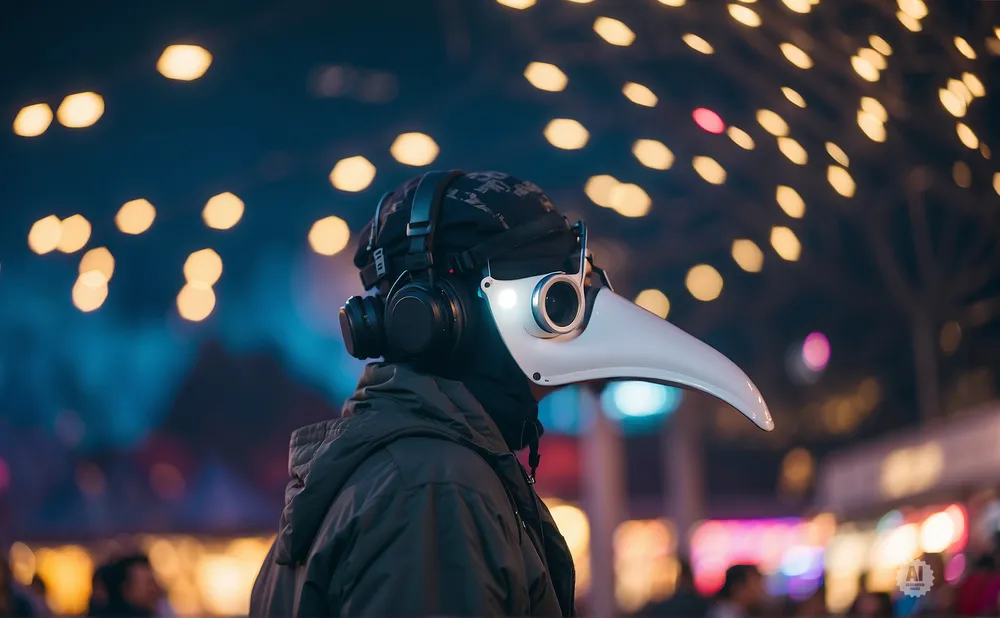 Person wearing a plague doctor mask and headphones at night, with bokeh lights in the background.