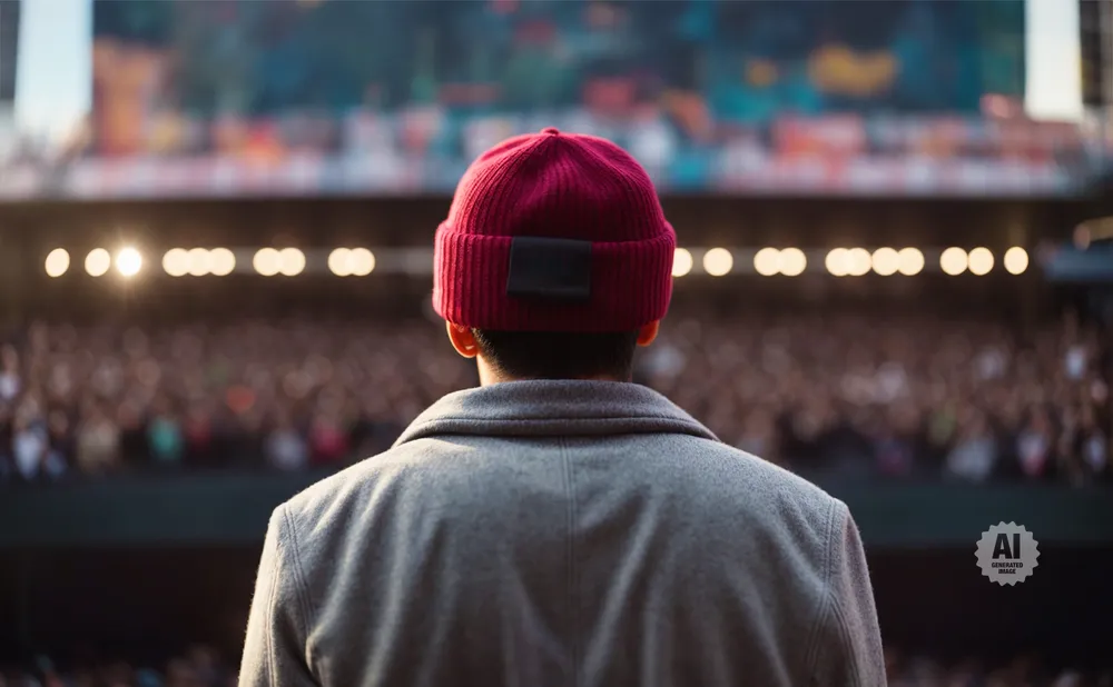 Back of person in a red beanie and gray coat facing a blurry stadium crowd and lights.