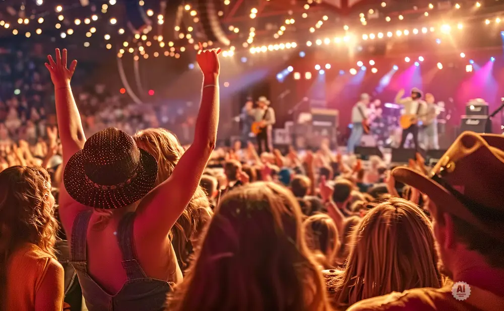 People in a crowd raise their hands at a concert, with a band performing on stage in the background under bright lights.