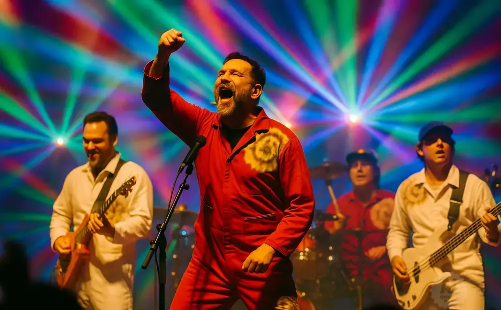 A lead singer in a red jumpsuit belts into a microphone on stage, fists raised, with a band playing behind him under colorful lights.