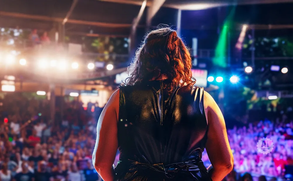 Back view of a woman in a black dress on a stage with a crowd in the background.