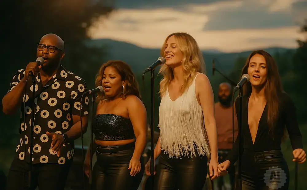 Four singers perform outdoors at dusk with a mountain backdrop.