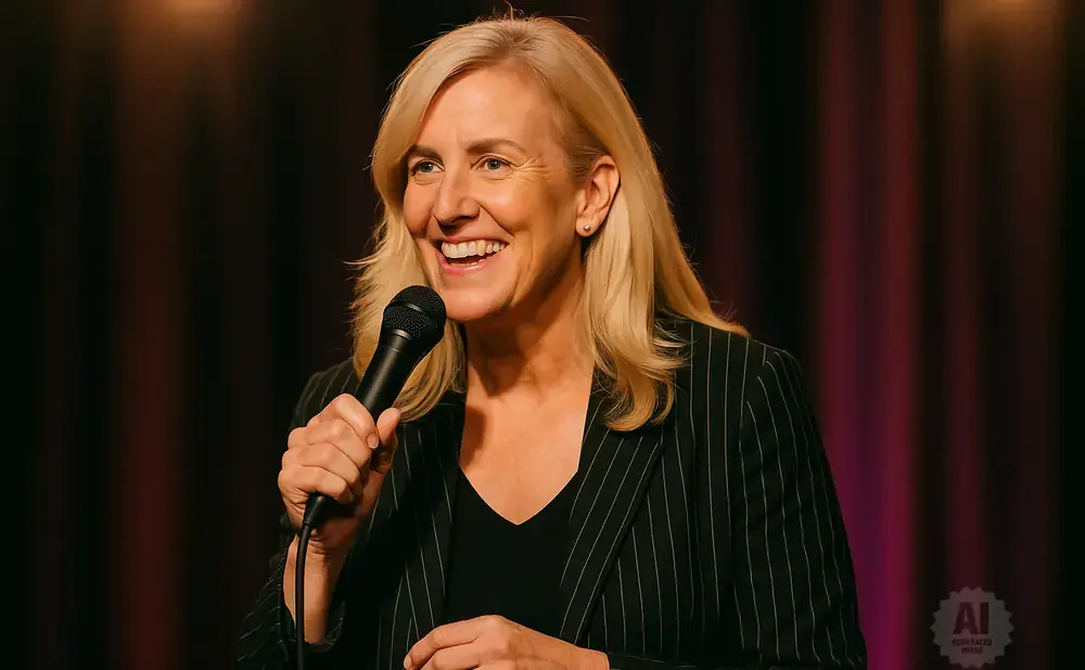 A blonde woman in a pinstripe jacket smiles and holds a microphone on stage.