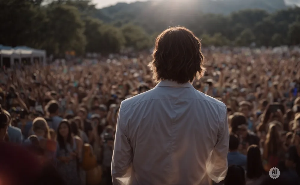A man in a white shirt faces a large crowd at an outdoor concert, with the sun setting behind trees.