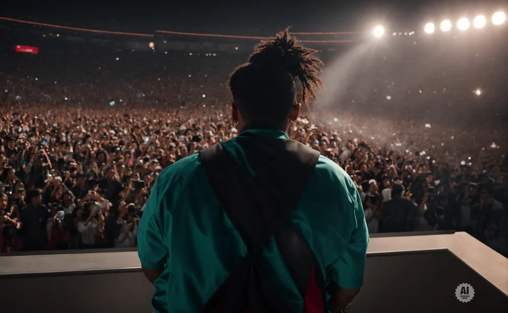 A performer with dreadlocks looks out at a large, cheering crowd from a concert stage.