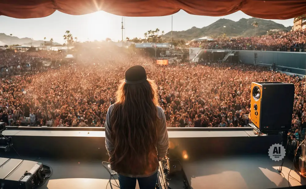 Back view of a person with long hair and hat on stage looking at a large, cheering crowd at an outdoor concert.