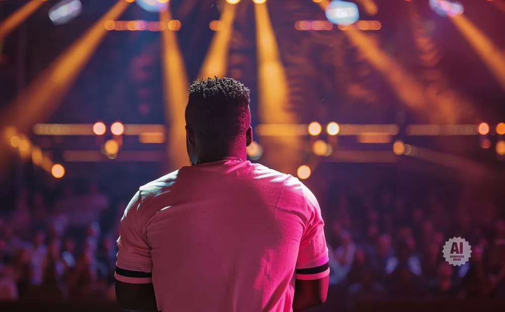 A man in a pink shirt stands with his back to the camera on a stage with orange lights, facing a crowd.