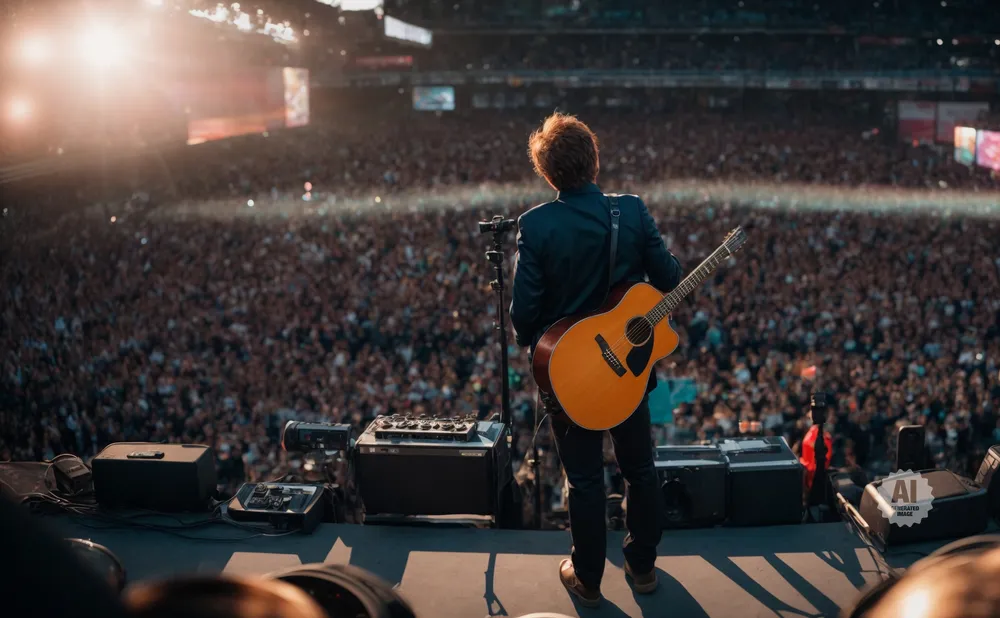 A guitarist performs on a stage in front of a massive, cheering audience under bright lights.