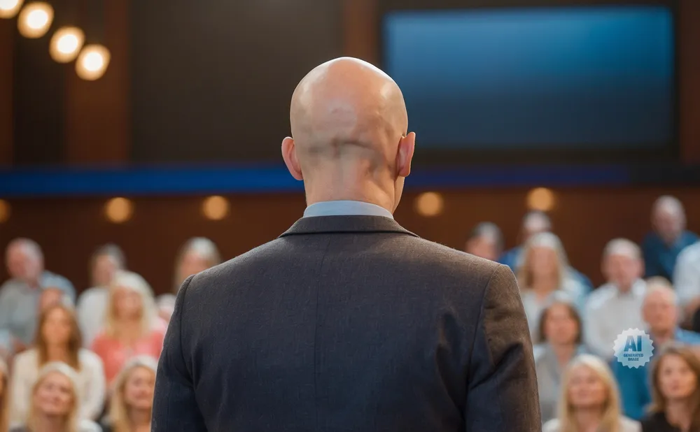 A bald man in a suit speaks to an audience.
