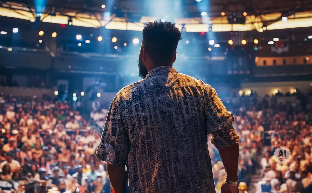 Man in patterned shirt faces a cheering crowd from a stage lit by spotlights.
