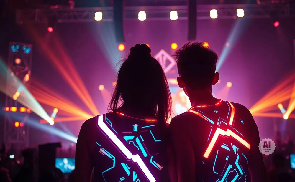 Couple in illuminated outfits enjoying a vibrant concert with bright stage lights.