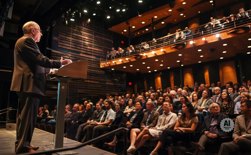 A speaker addresses a seated audience in a modern auditorium.