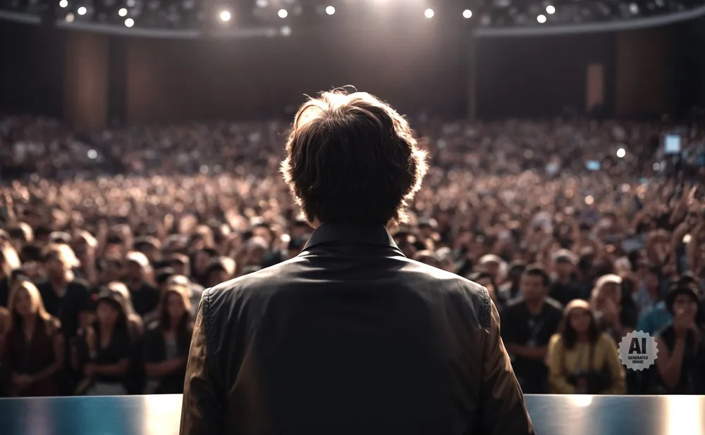 Man facing away from camera, speaking to a large, blurred audience in a dimly lit venue.