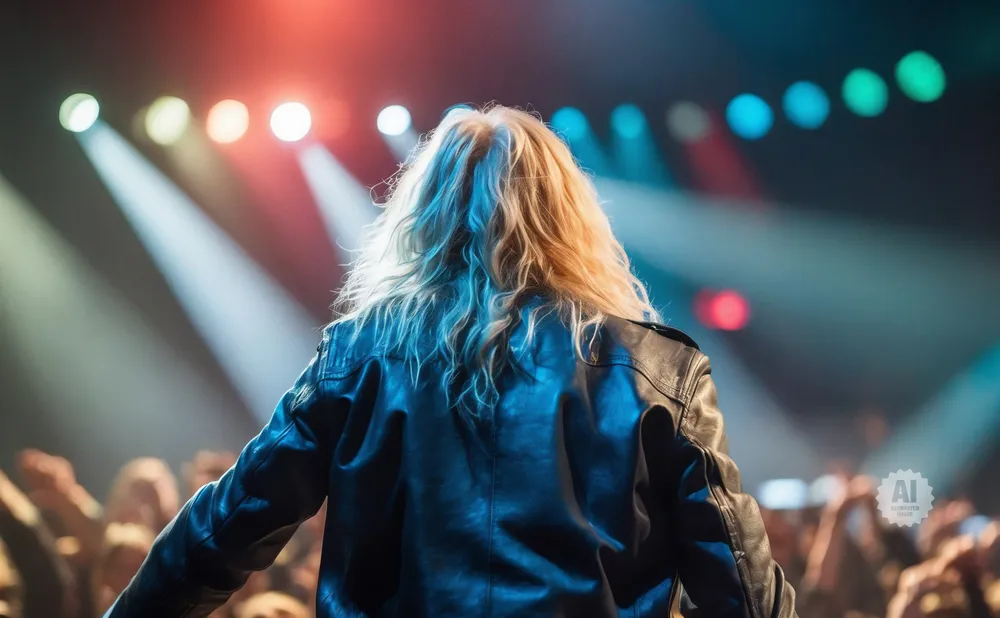 A person with long blonde hair in a black leather jacket stands facing a cheering crowd and stage lights.
