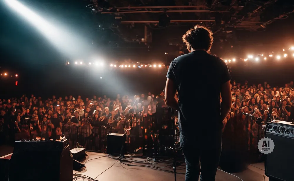 A performer on stage with a spotlight and a cheering crowd.
