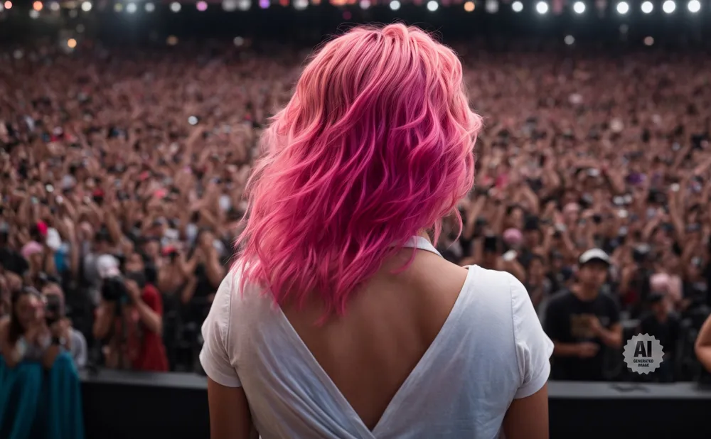 Woman with pink hair on stage in front of a cheering crowd.