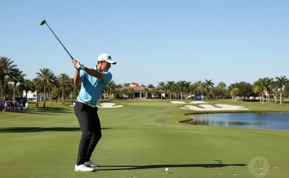Golfer in mid-swing on a sunny day, with a golf course and palm trees in the background.
