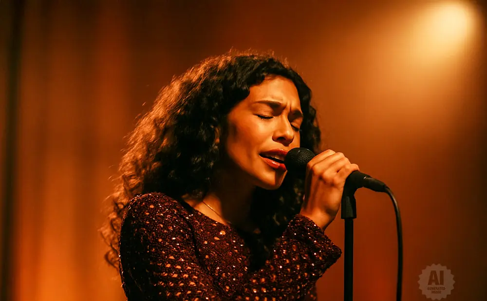 Woman with curly hair singing into a microphone on stage, bathed in warm, orange light.