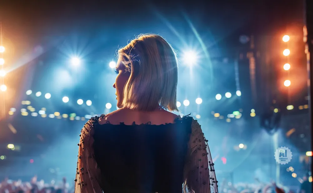 Woman on stage facing away, with bright lights and audience in background.