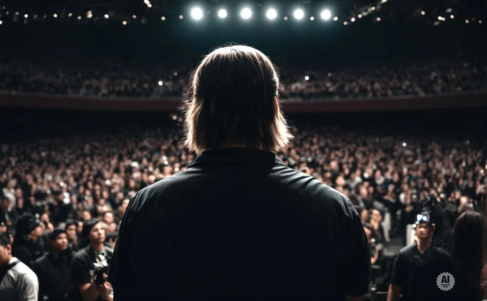 A person stands on a stage, facing a large, seated audience in a dark auditorium.
