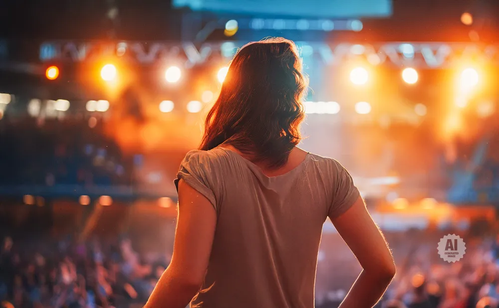 A woman stands on stage facing an audience, silhouetted by bright stage lights.