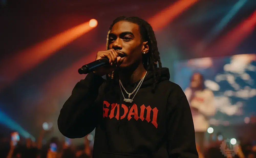 A Black man with dreadlocks raps into a microphone on stage, wearing a black hoodie with red text.