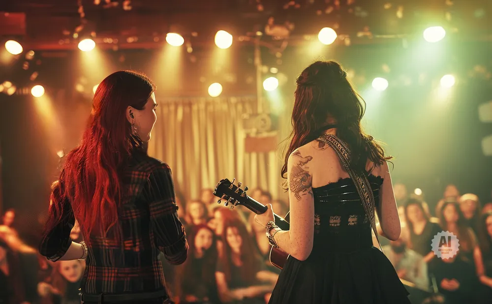 Two women on stage with guitars in front of a crowd, bathed in warm stage lights.