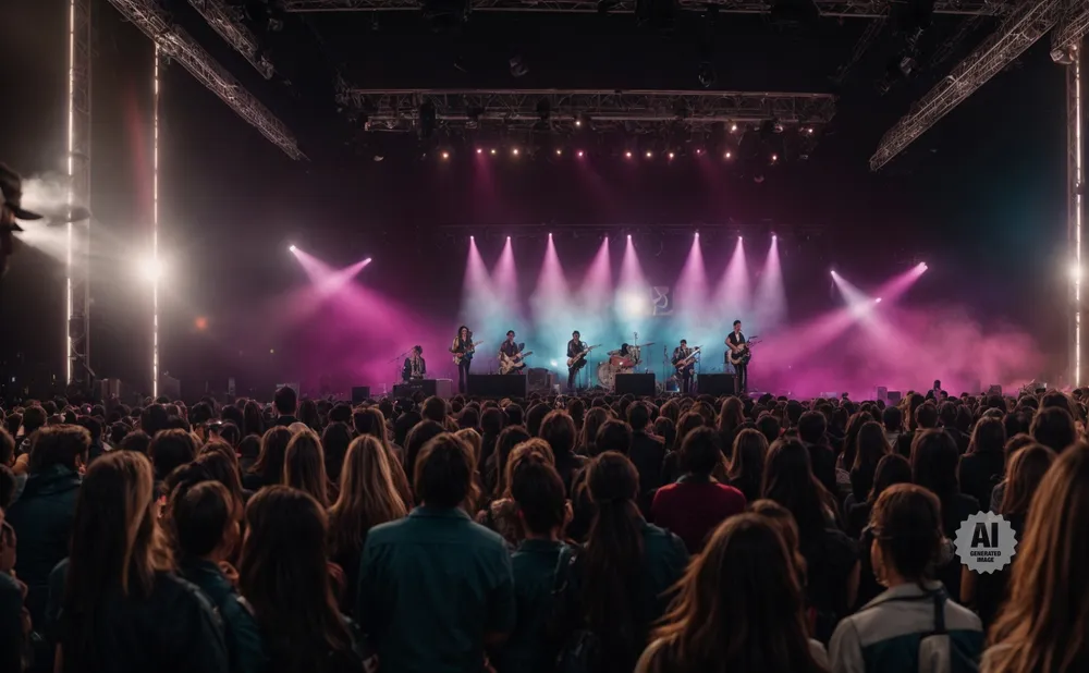 Concert audience facing a band performing on a stage lit with pink and purple lights.