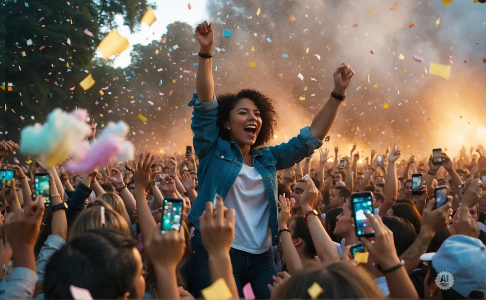 A woman in a denim jacket celebrates at a concert with confetti raining down and hands raised.