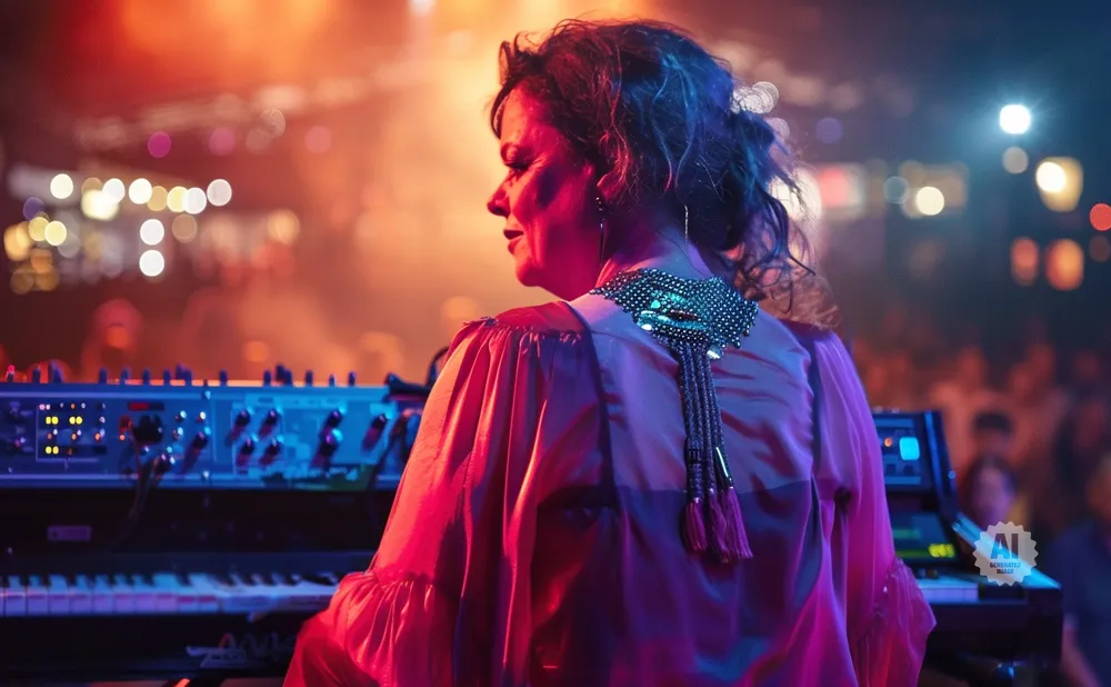 A woman plays a keyboard on a stage, bathed in colorful concert lights.