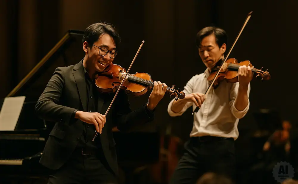 Two men play violins with a piano in the background.