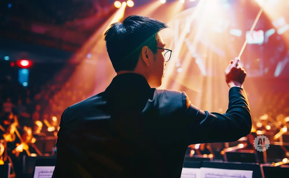 A conductor in a suit leads an orchestra with a baton, silhouetted against bright stage lights.