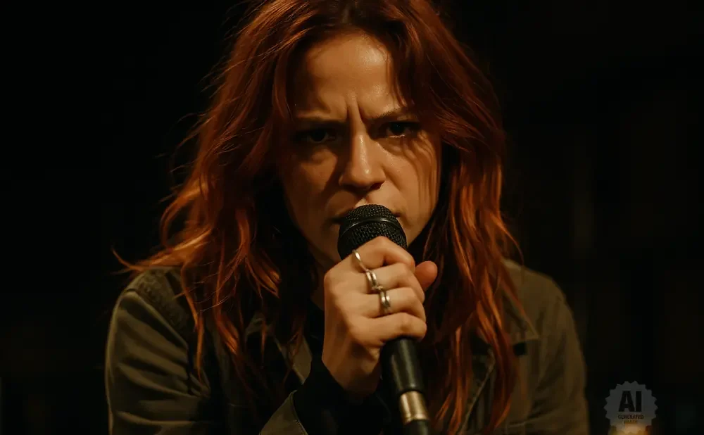 Woman with auburn hair singing into a microphone with intensity.