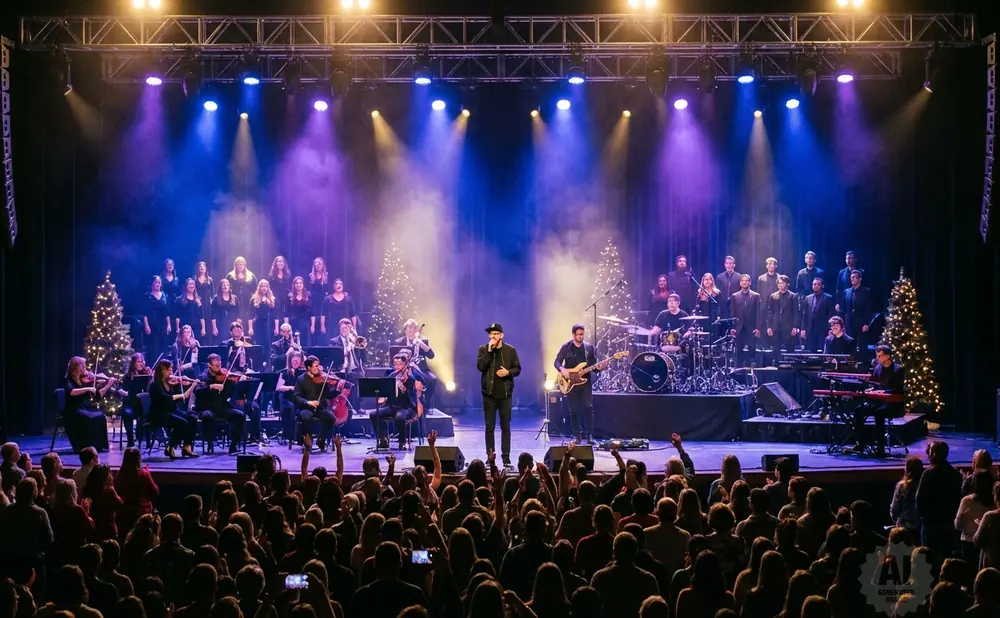 A choir and orchestra perform on stage with Christmas trees and colorful lights.