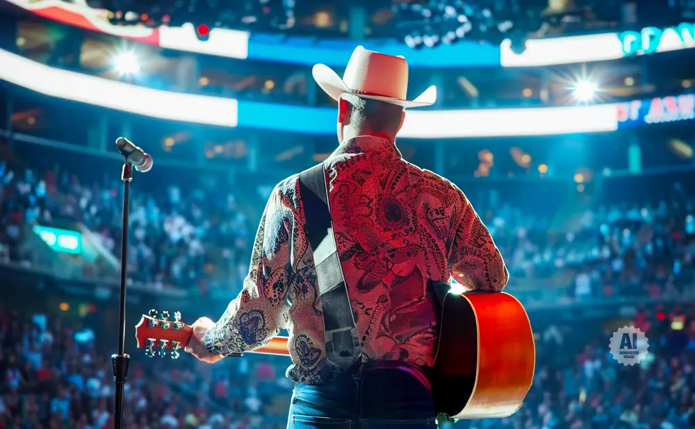 A man in a cowboy hat and patterned shirt plays a guitar on stage in front of a large crowd.