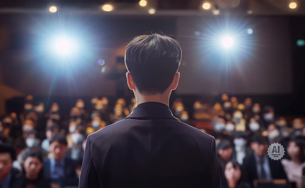 A speaker stands on stage, facing a blurred audience under bright lights.