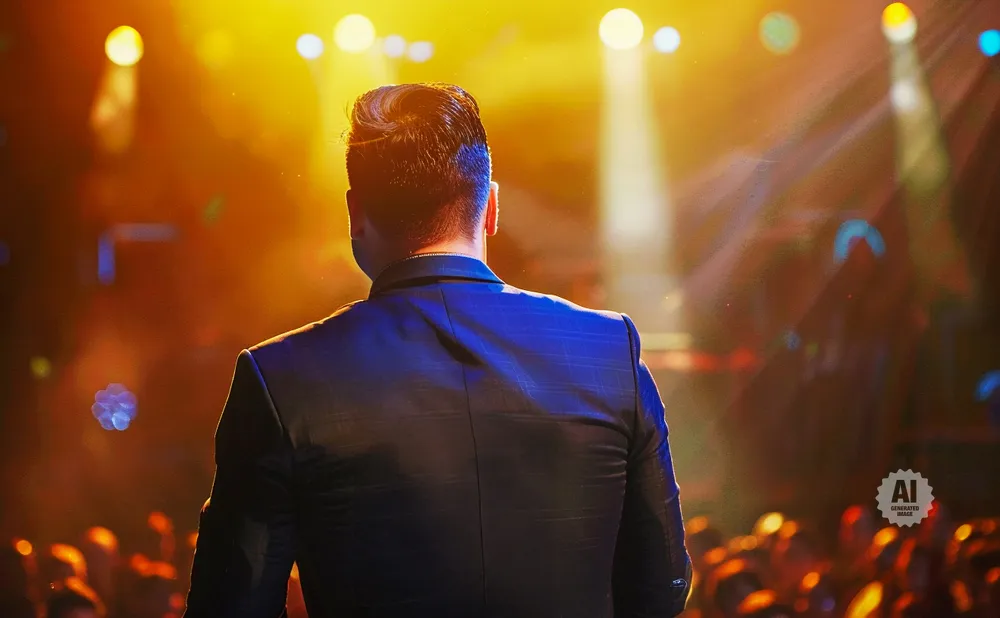 Man in a suit stands on stage with bright lights and a cheering crowd behind him.