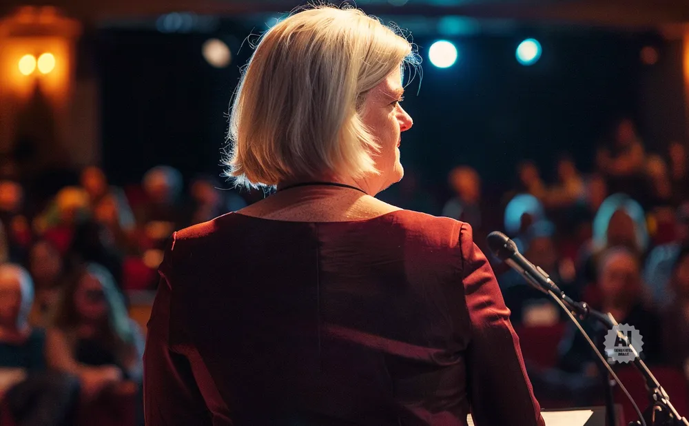 A woman with short blonde hair speaks at a podium with microphones in front of a blurred audience.