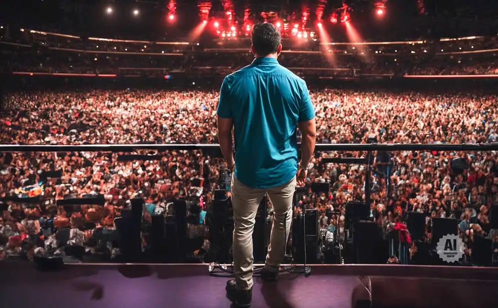 Man in teal shirt stands on stage facing a large, cheering crowd in a stadium.