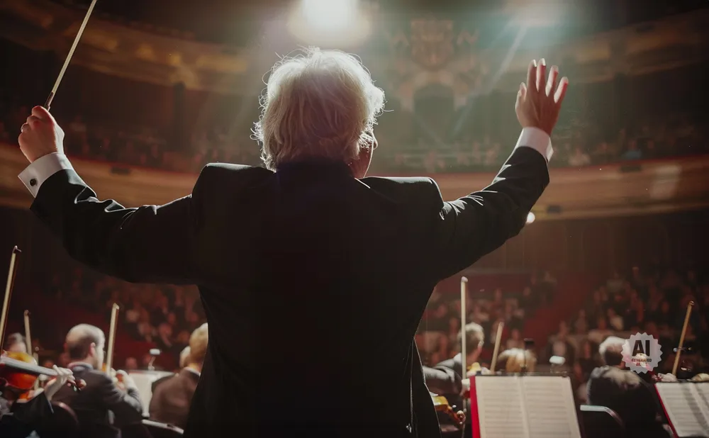 Conductor leads orchestra in concert hall, hands raised and baton in motion.