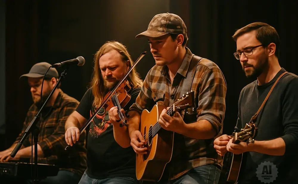 A band of four men play instruments on a dimly lit stage.