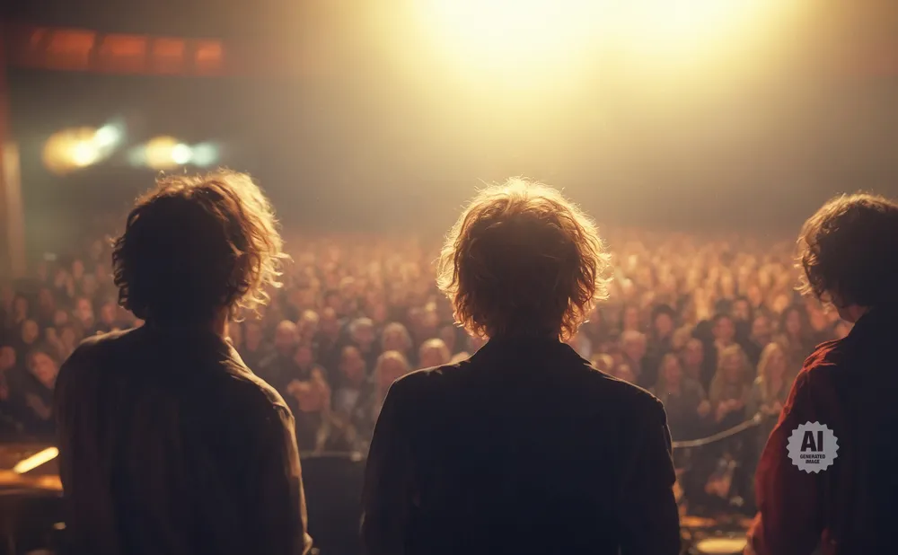 Three band members stand on stage, facing a large audience under bright stage lights.