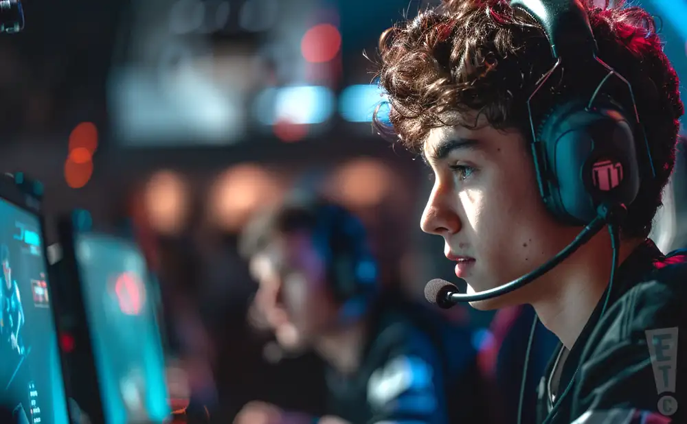 A young man with curly hair wears headphones with a mic, intensely focused on a computer screen, in a dimly lit esports arena.